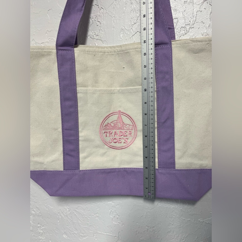 Trader Joe's Cream Lavender Purple LARGE Canvas Tote - Picture 4 of 5